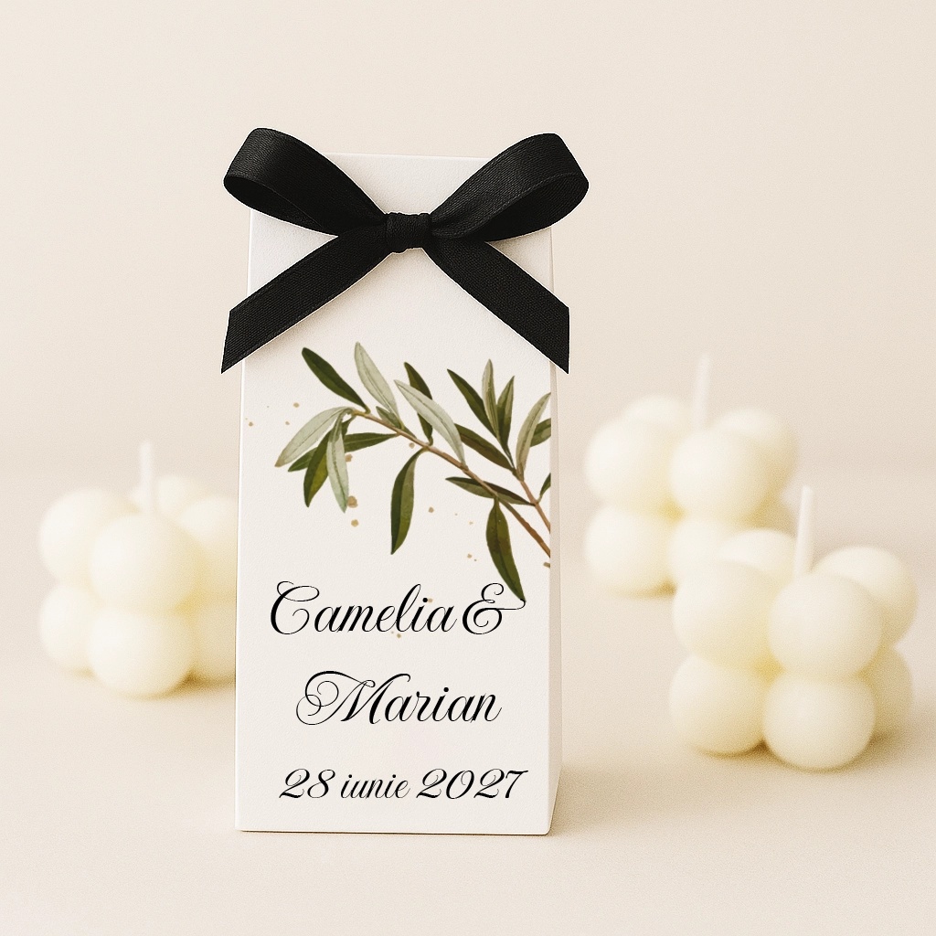 Marturii nunta - lumanare cu ambalaj din carton olives