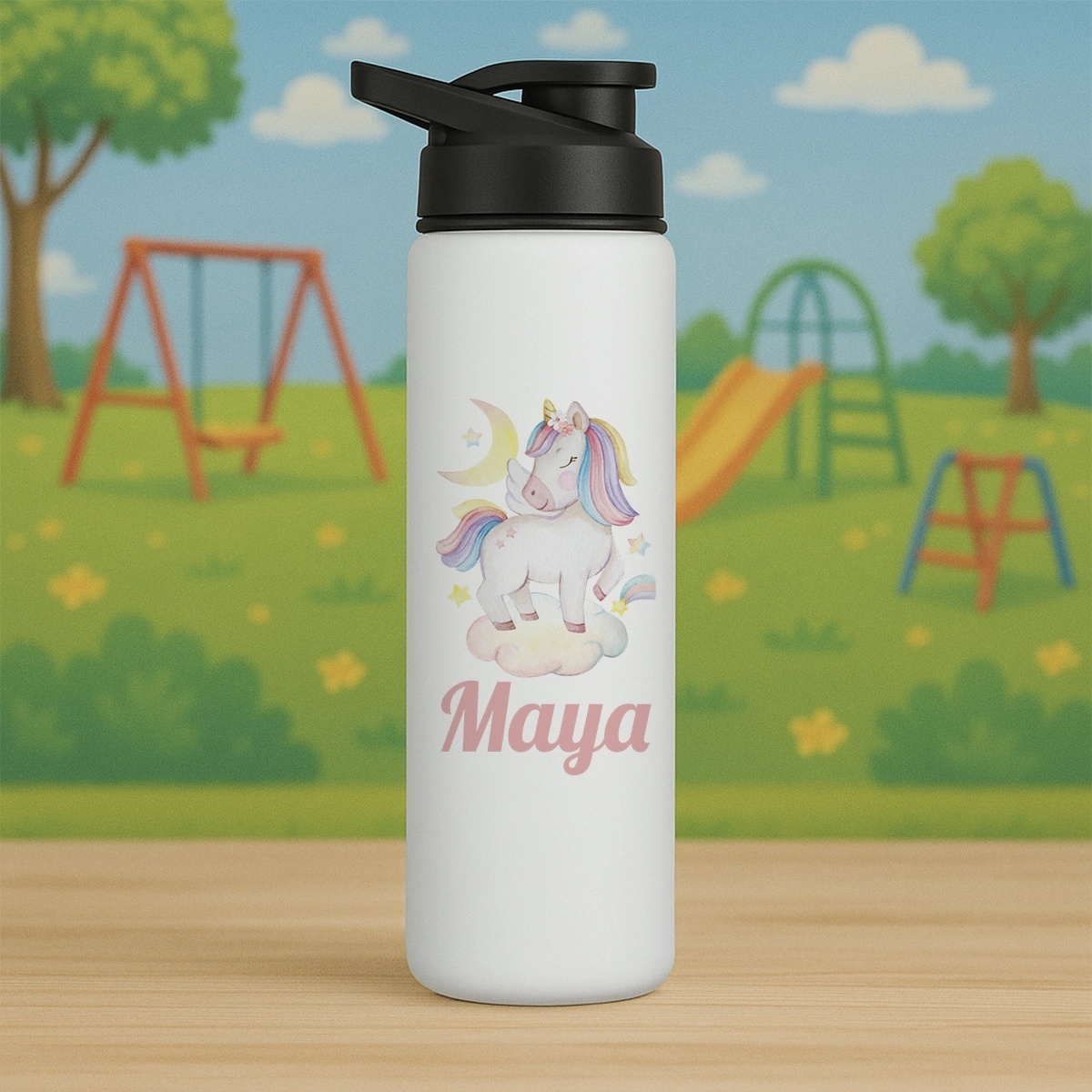 Sticla de apa personalizata cu nume tematica unicorni