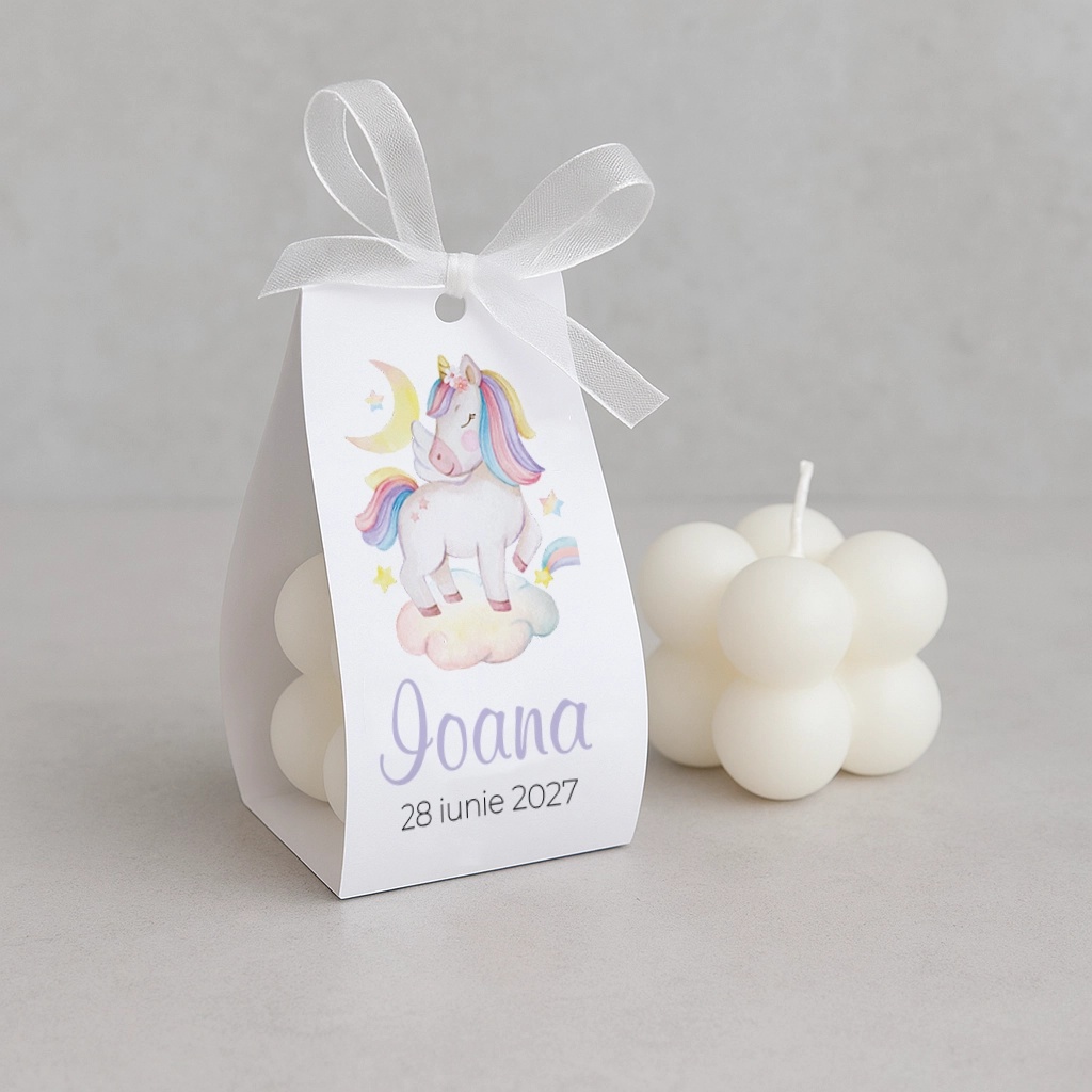 Marturii botez - lumanare cu ambalaj din carton unicorn