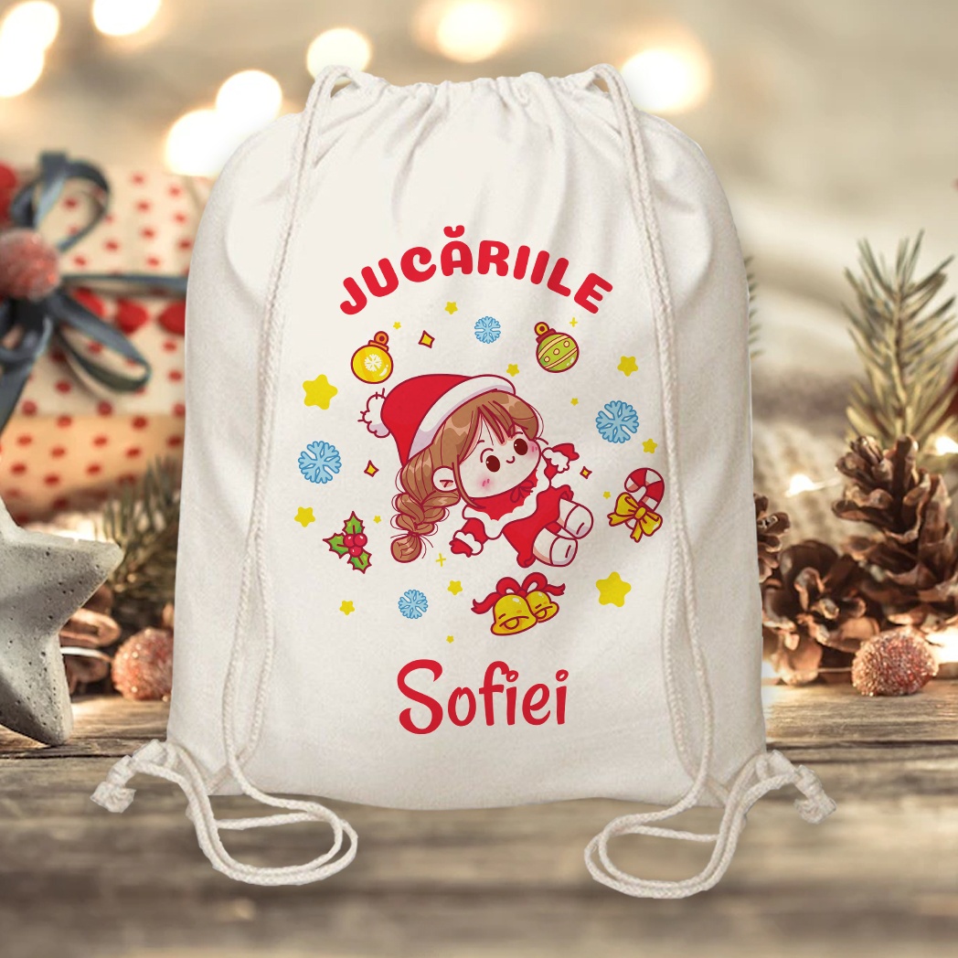 Saculet personalizat Jucariile copilului de Craciun