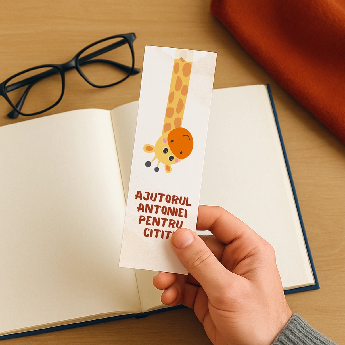 Semn de carte personalizat cu nume si text, model girafa