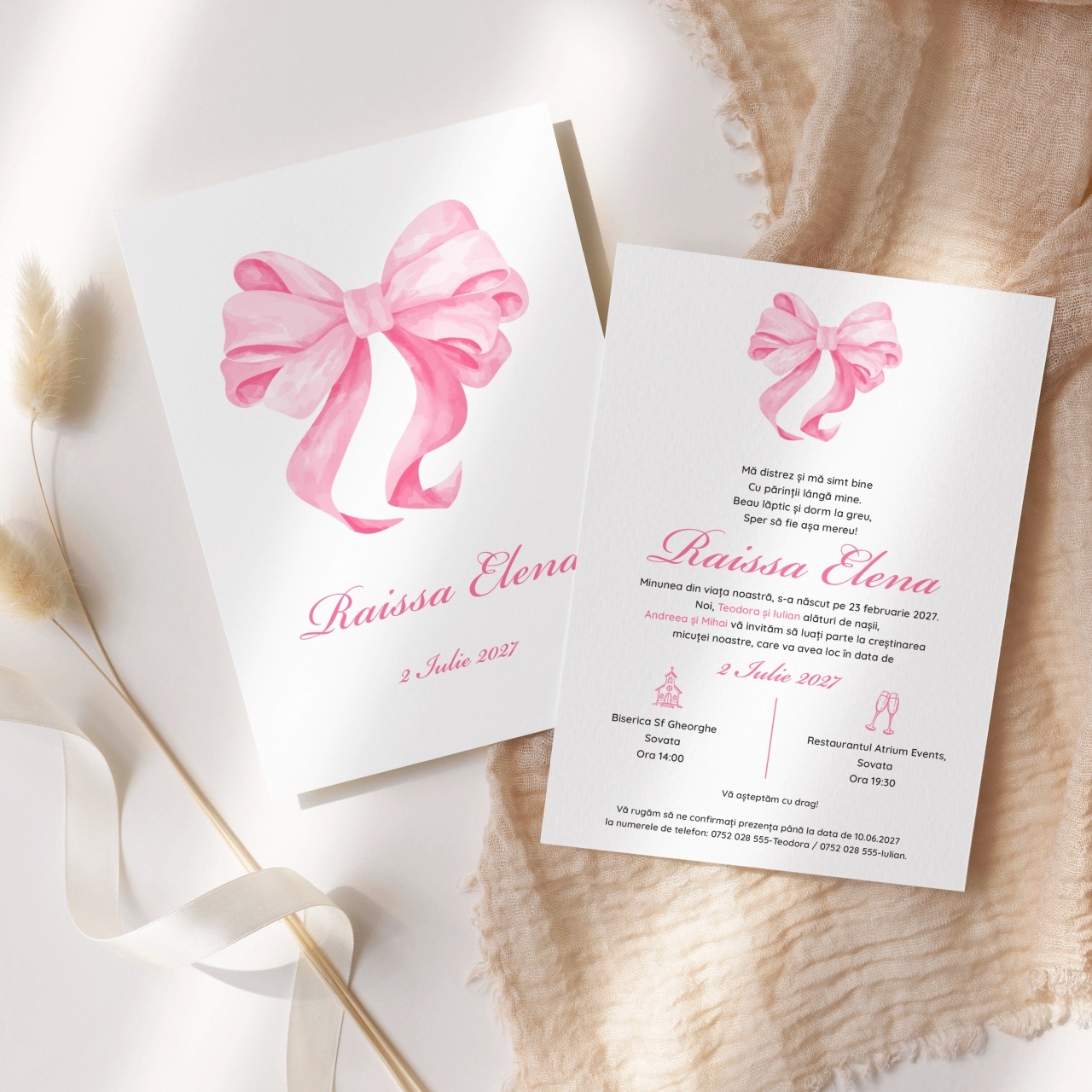 Invitatie de botez fundita roz, 128x178mm, fara plic - BZ0053