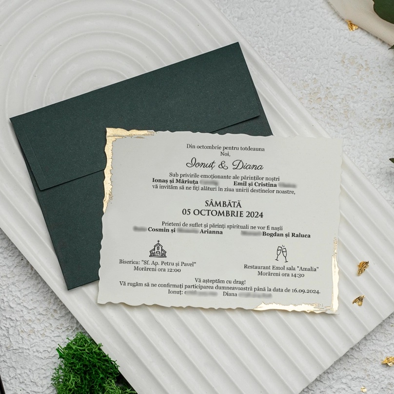 Invitatie de nunta, cu colturi aurii si plic verde, 100x135mm – 9319