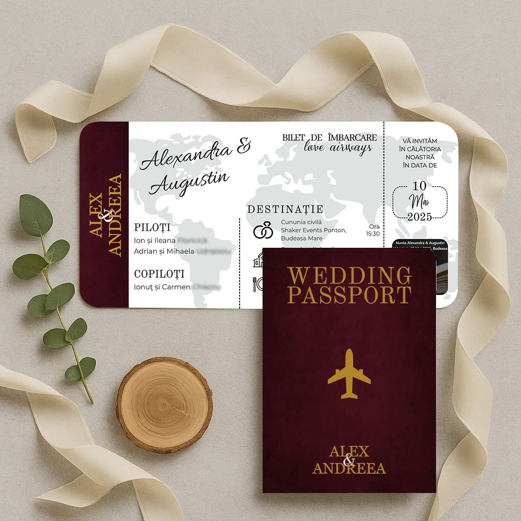 Invitatie de nunta tip pasaport bordeaux - burgundy