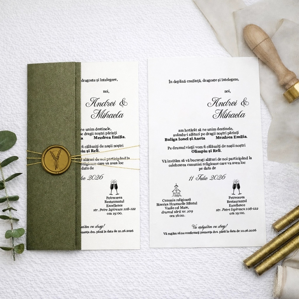 Invitatie de nunta verde olive cu snur auriu, 124x189mm – 9279VO