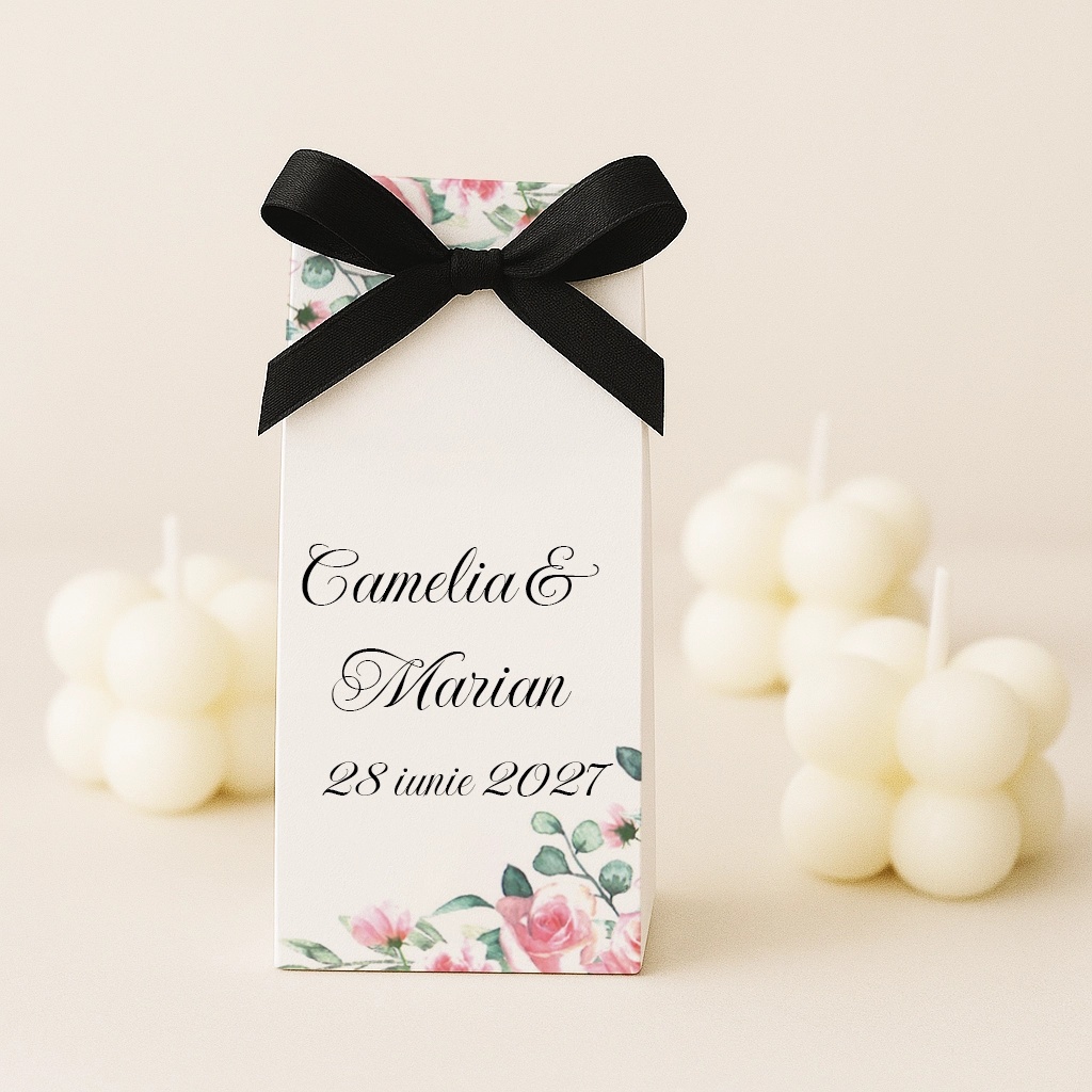 Marturii nunta - lumanare cu ambalaj din carton floral