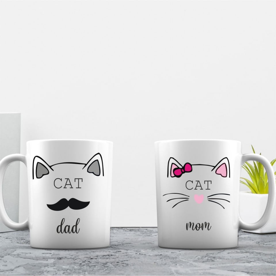 Set de 2 cani personalizate CAT MOM & CAT DAD