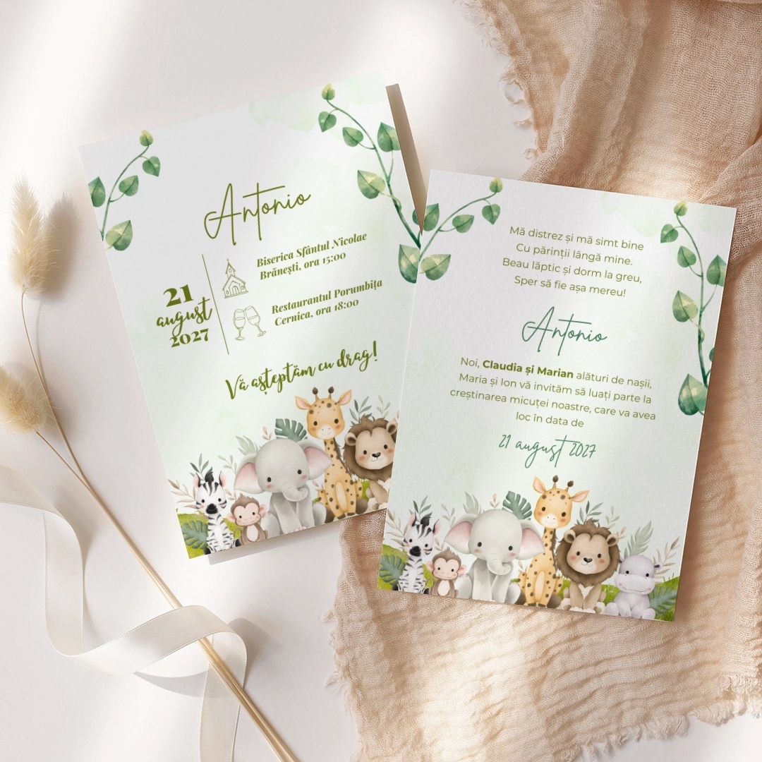 Invitatie de botez baby animals, 128x178mm, fara plic - BZ0034