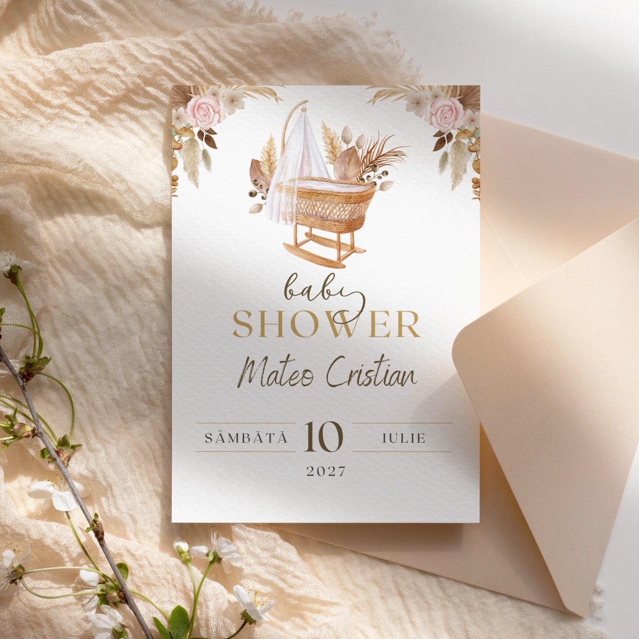 Invitatie de botez baby crib, 128x178mm, fara plic - BZ0043