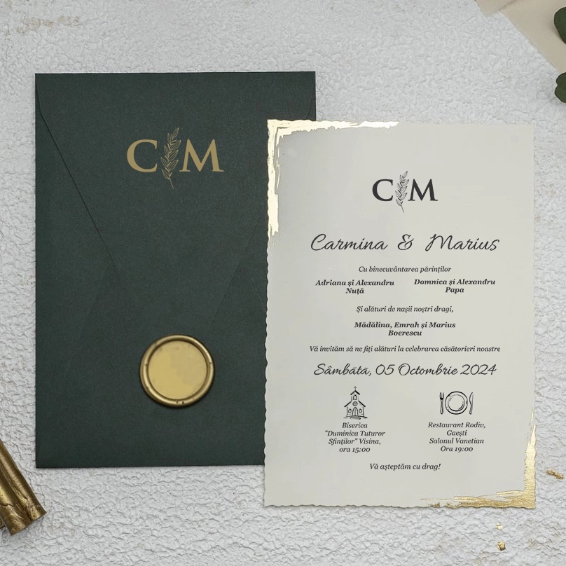 Invitatie de nunta eleganta colturi aurii si cu plic verde, 135x193mm – 9193