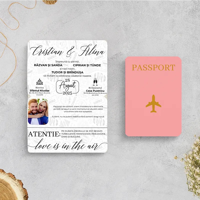 Invitatie de nunta pasaport pink simple