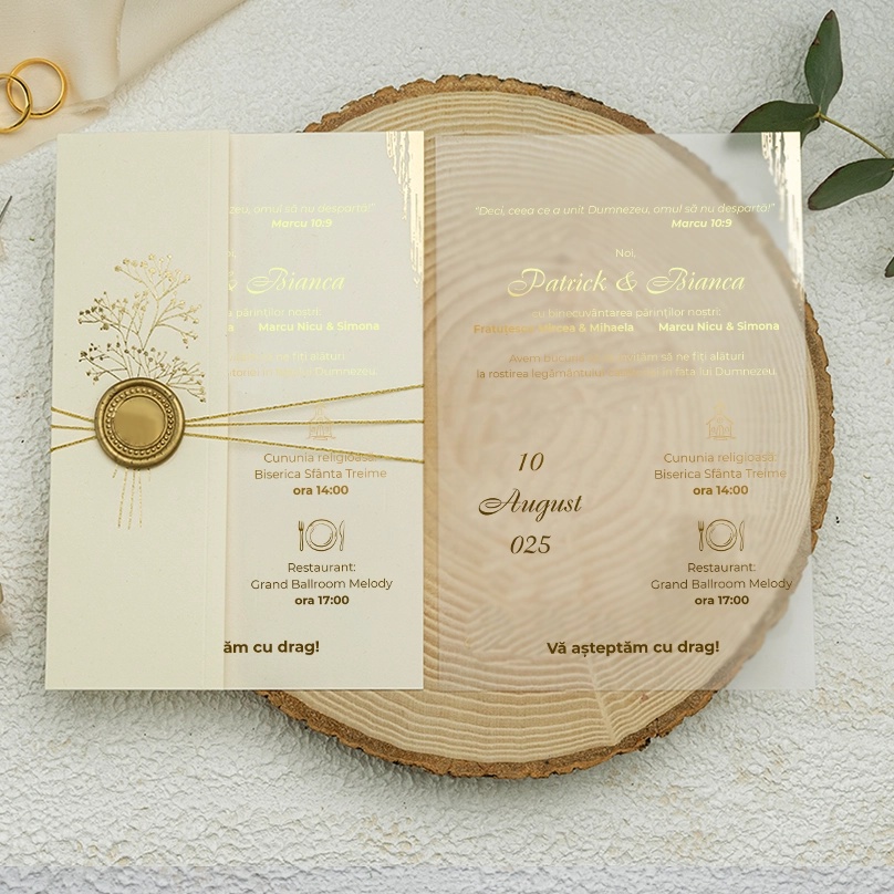 Invitatie de nunta, transparenta, cu un colt auriu si snur auriu, 124x189mm – 9277