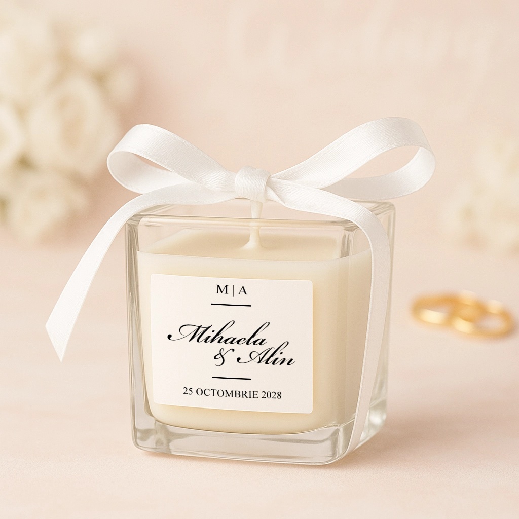 Mărturie pentru nuntă lumânare parfumată în recipient de sticlă pătrat