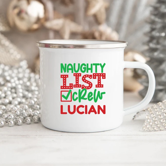 Cana metalica personalizata cu nume Naughty List