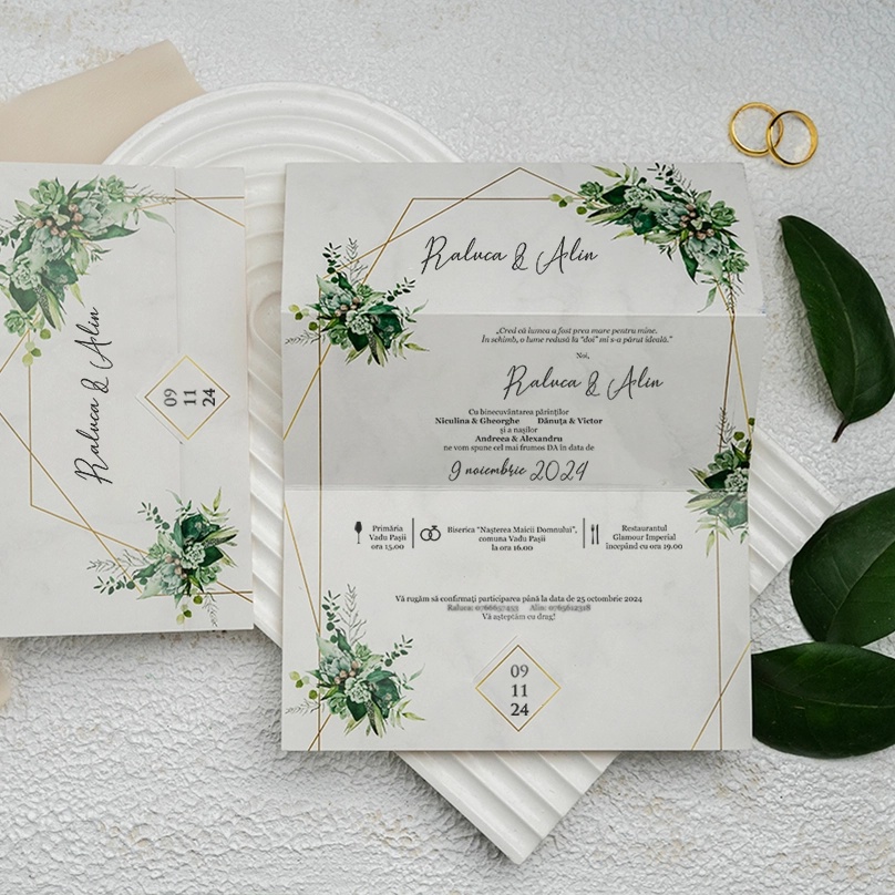 Invitatie de nunta, model cu frunze, fara plic, 170x273mm – 9348