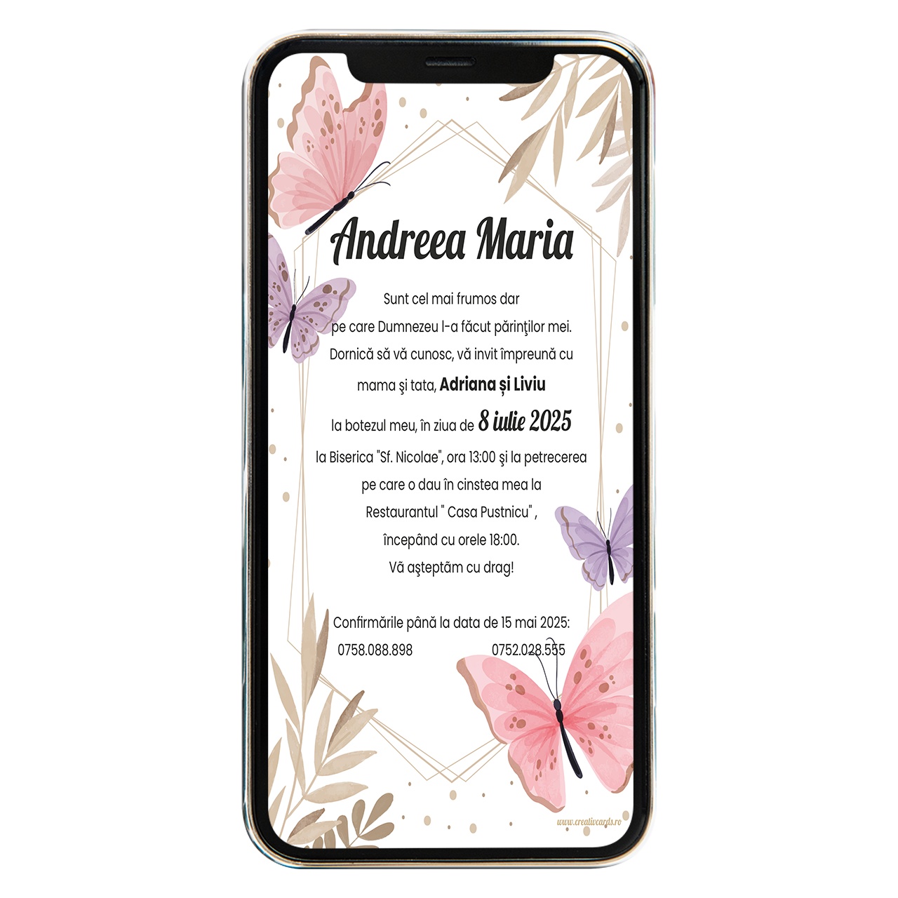 Invitatie digitala de botez butterfly