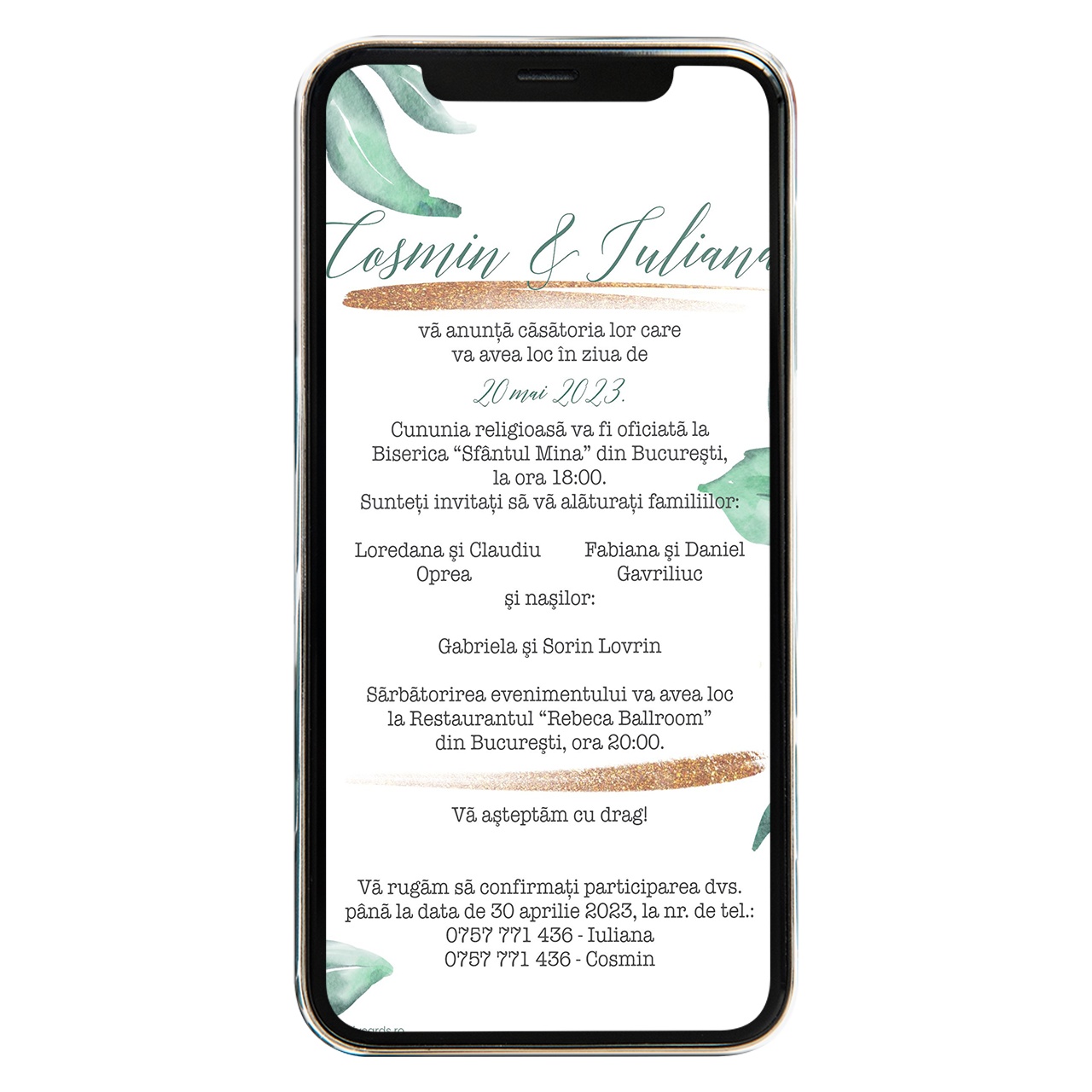 Invitatie digitala de nunta Deep Green Leafs