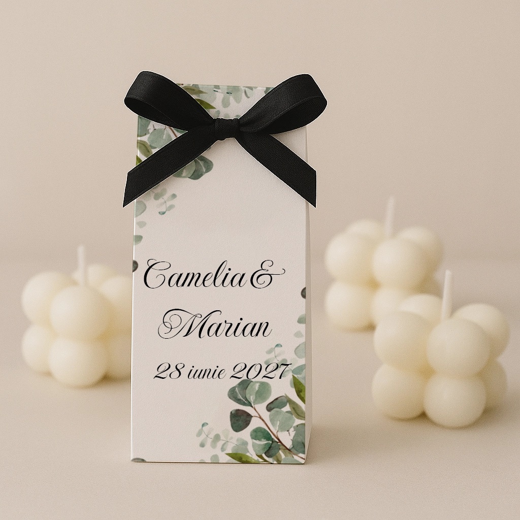 Marturii nunta - lumanare cu ambalaj din carton eucalipt