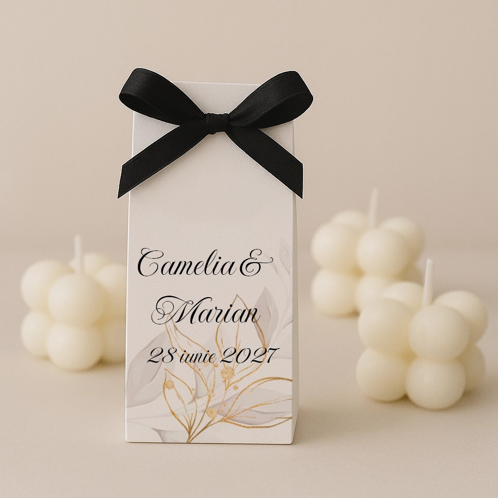 Marturii nunta - lumanare cu ambalaj din carton golden flower