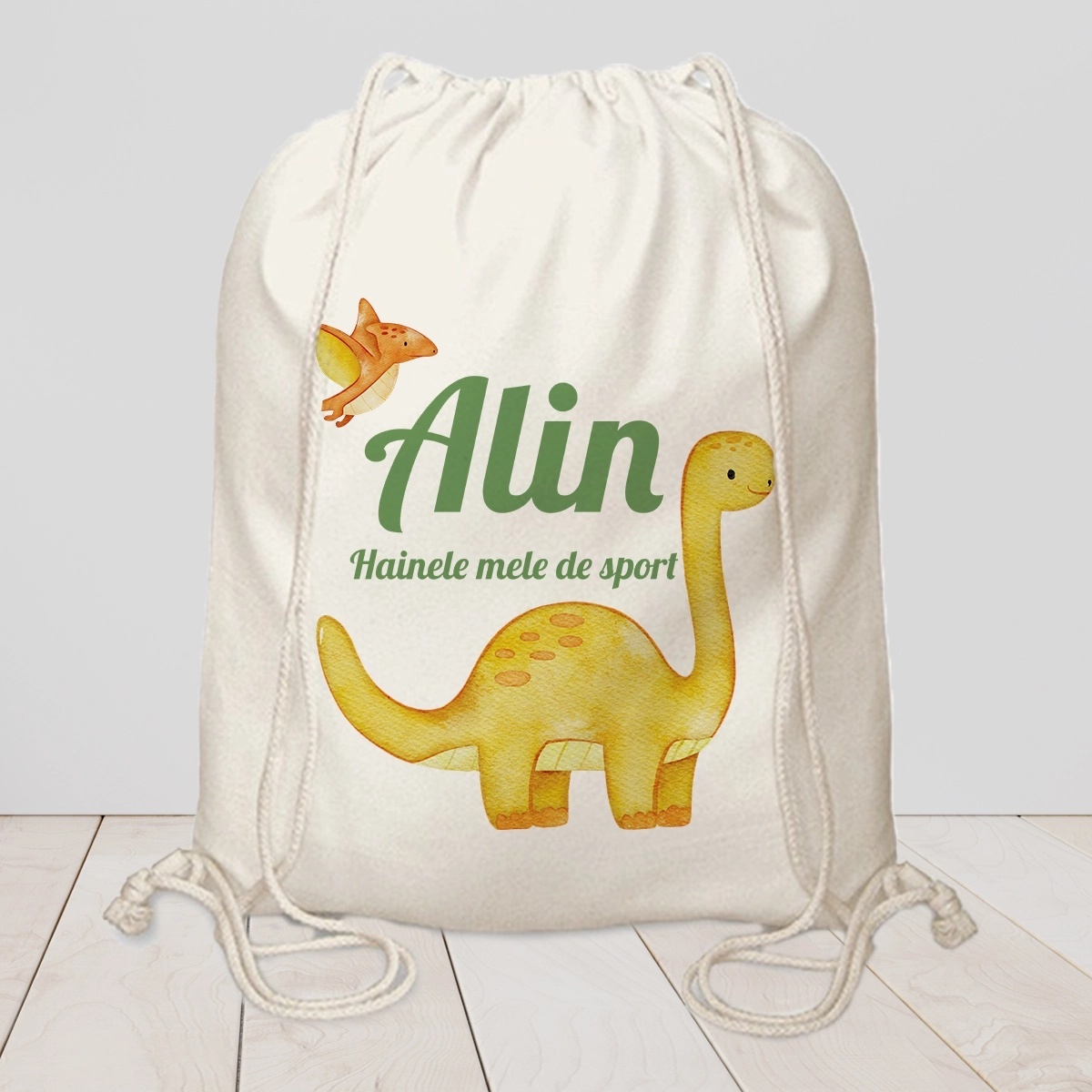 Saculet pentru la gradinita, model dino, personalizat cu nume