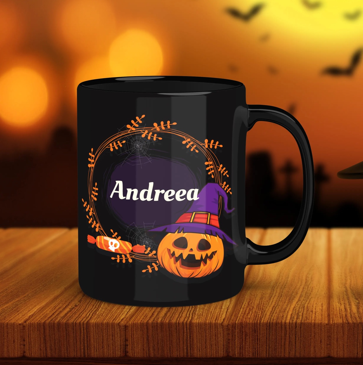 Cana personalizata neagra cu nume si text Halloween