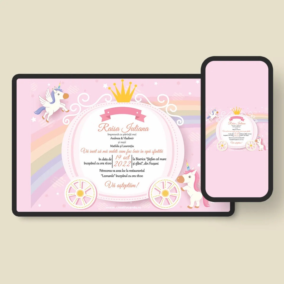 Invitatie digitala de botez cu unicorn