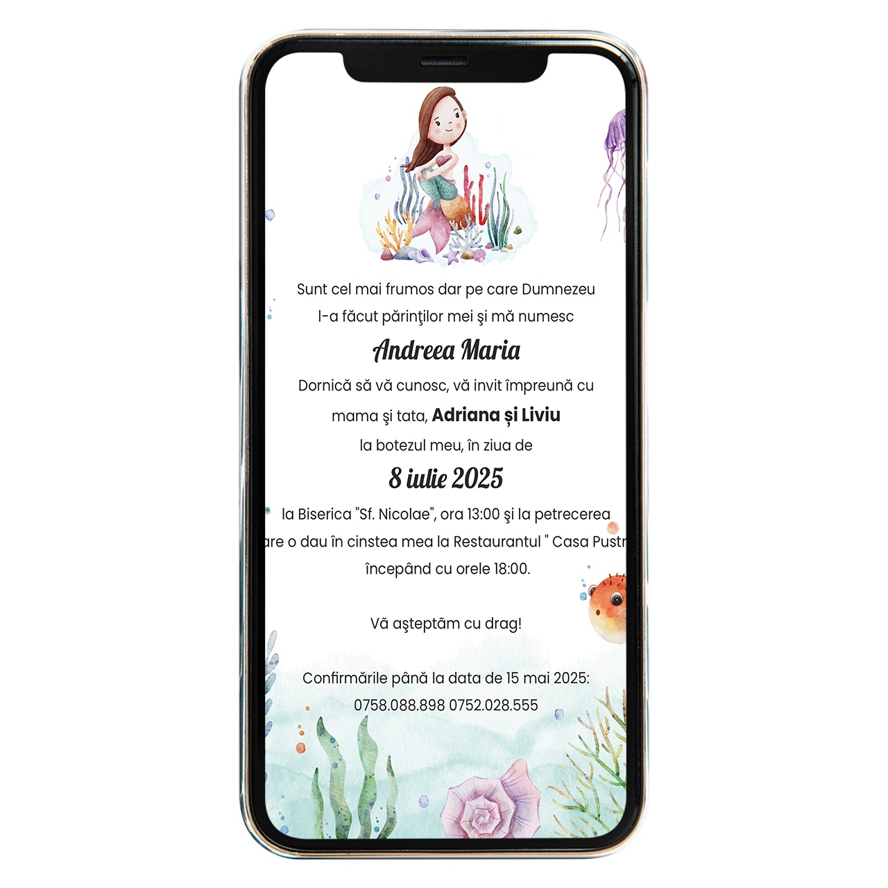 Invitatie digitala de botez Mica Sirena