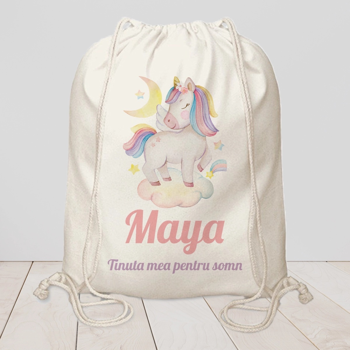 Saculet pentru hainele de la gradinita cu nume unicorn