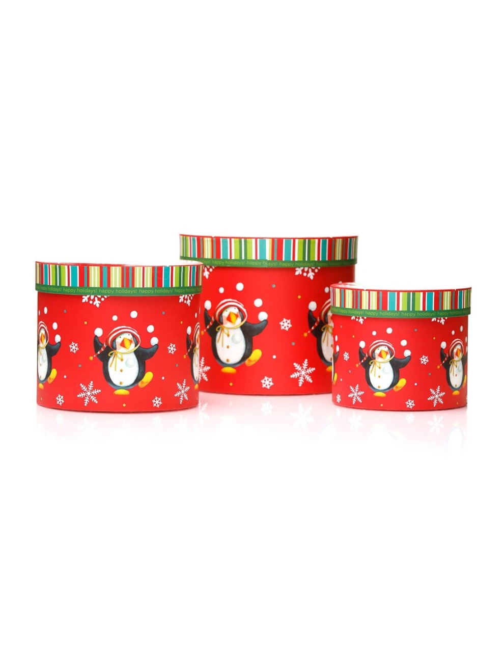 Set de 3 cutii rotunde cu pinguini de Craciun