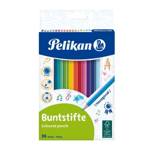 Creioane colorate lăcuite, vârf 3,0mm + ascutitoare 36/set, sectiune hexagonala Pelikan