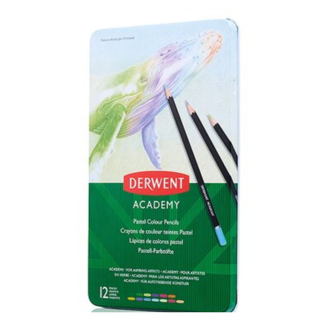 Creioane colorate DERWENT Academy, cutie metalica, 12 buc/set, culori pastel DERWENT imagine 2022 depozituldepapetarie.ro