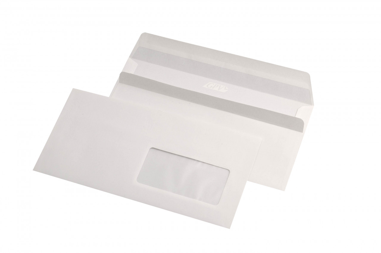 Plic DL (110 x 220 mm), alb, cu fereastra, lipire autoadeziva, 80 g/mp