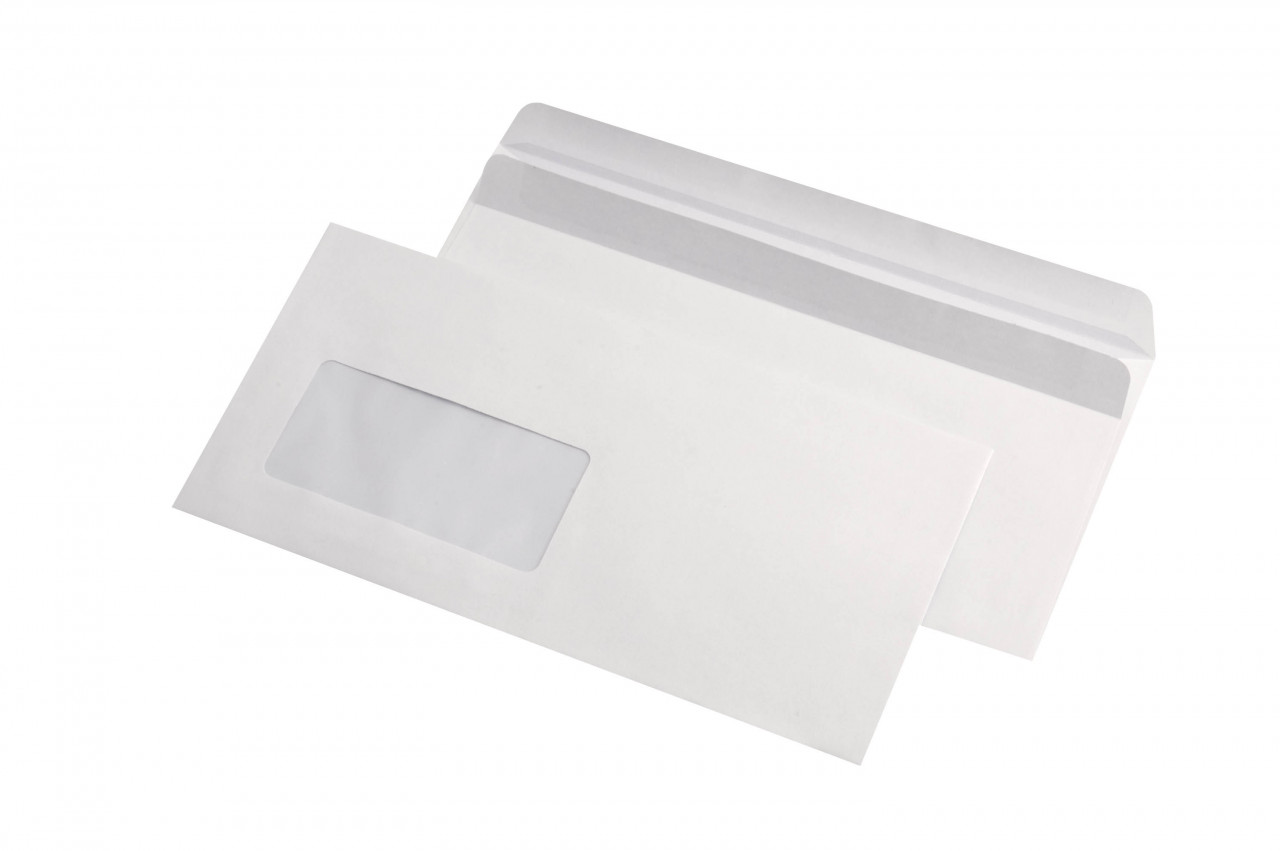 Plic DL (110 x 220 mm), alb,cu fereastra, lipire autoadeziva, 80 g/mp