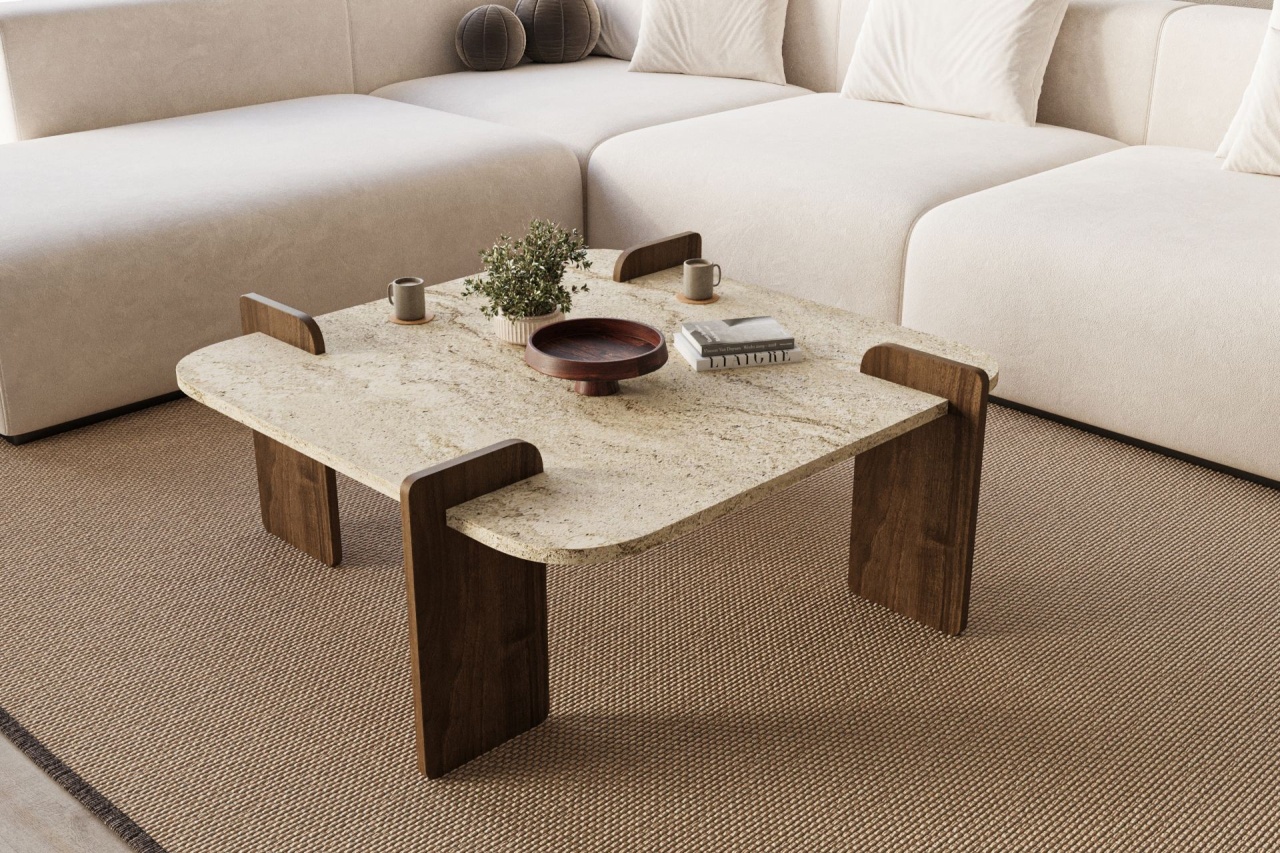 Măsuţă de cafea, Afrolli Travertine, UnicUtil, Travertin-Nuc, Lățime: 90 cm, Înălțime: 35 cm, Adâncime: 90 cm