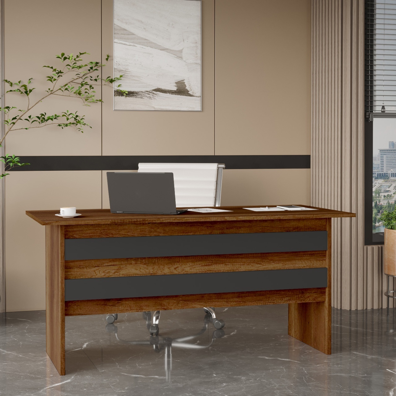 Birou UnicUtil Nuc - Gri Antracit cu benzi orizontale pe frontal 180 x 60 x 73.8 cm
