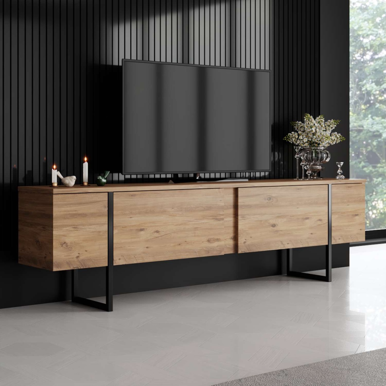 Comoda TV, Luxe Atlantic, UnicUtil, Pin Atlantic-Negru, Lățime: 180 cm, Înălțime: 50 cm, Adâncime: 30 cm