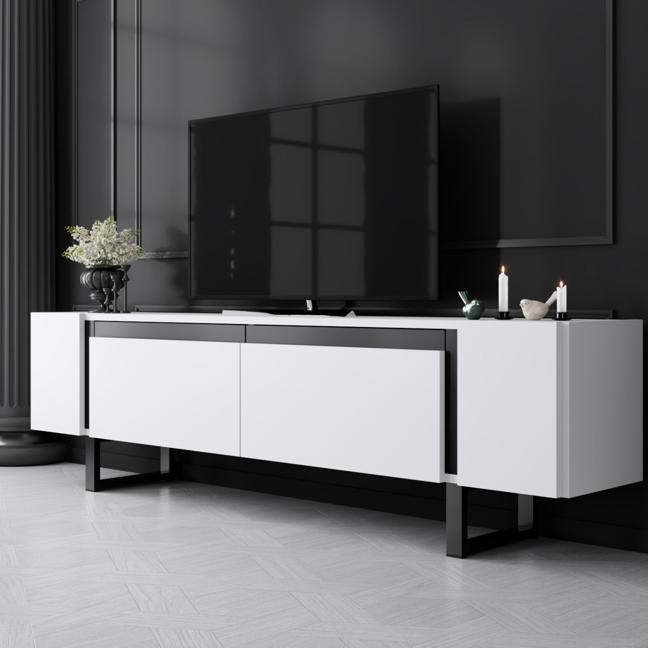 Comoda TV, Yildiz White, UnicUtil, Alb-Negru, Lățime: 180 cm, Înălțime: 50 cm, Adâncime: 30 cm