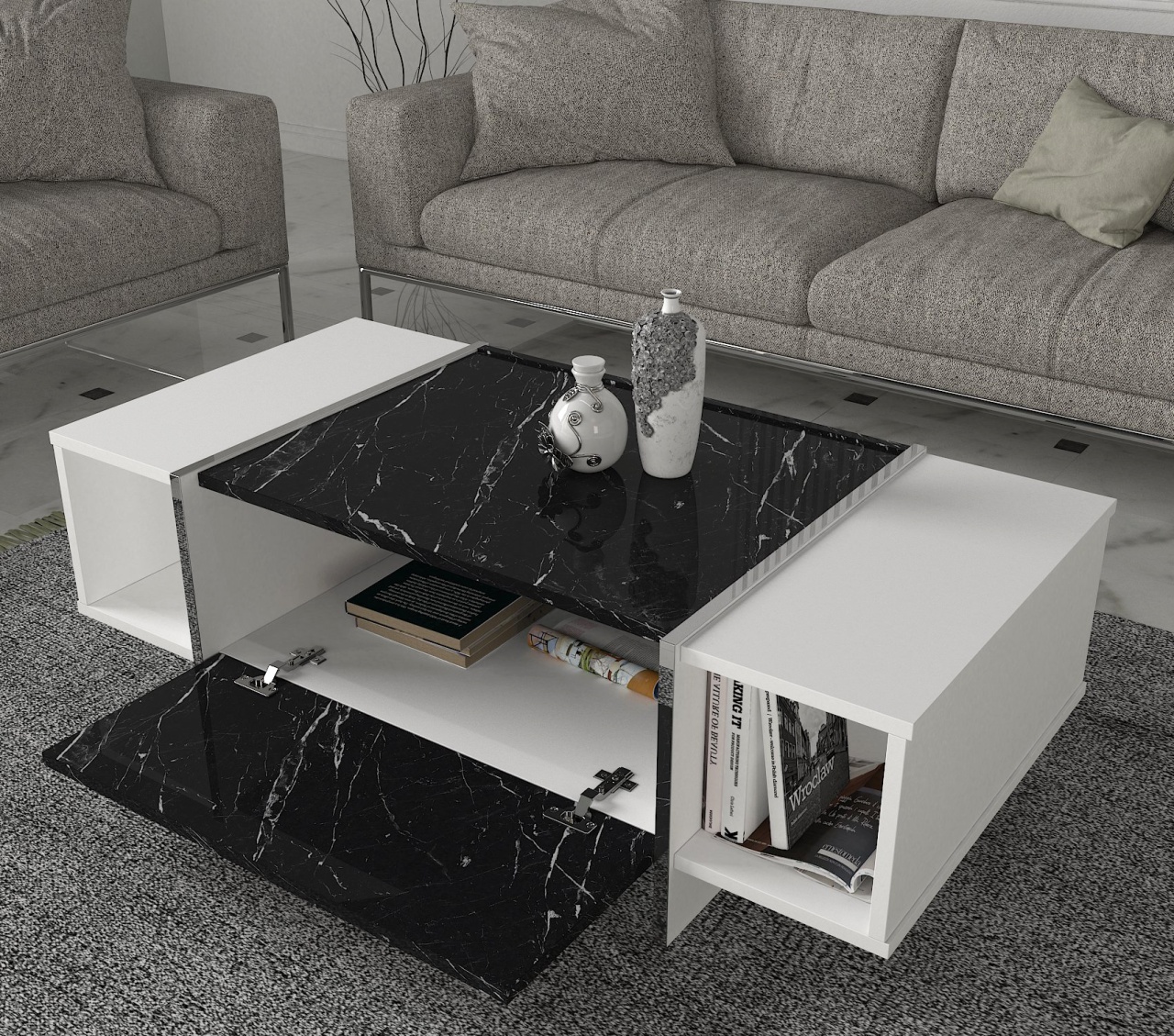 Masa de cafea UnicUtil Luxury Editon, 120 x 60 x 37 cm, Alb-Negru