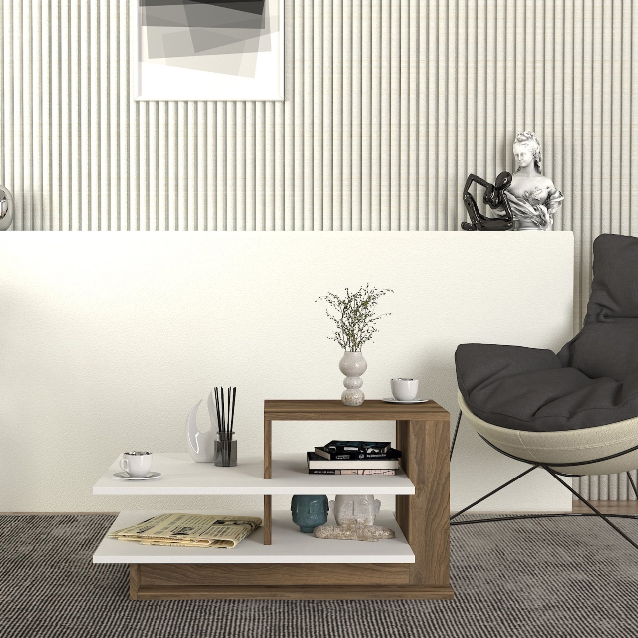 Masă de Cafea, Wood Wave, UnicUtil, 84.8 x 60 x 43.6 cm, Alb-Maro
