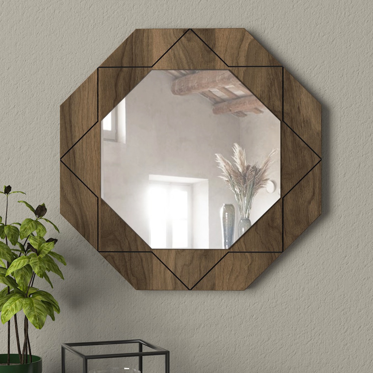 Oglindă Decorativă de Perete, Geo Shape, UnicUtil, 45 x 45 cm, Maro