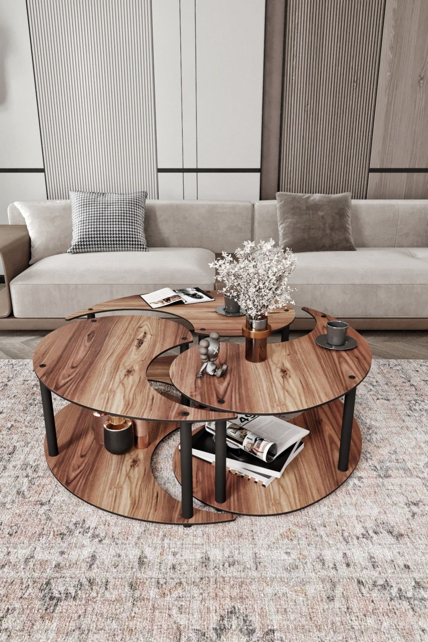 Set de măsuțe de cafea, Yin Yang, UnicUtil, Nuc, Diametru: 70 cm, Înălțime: 38 cm