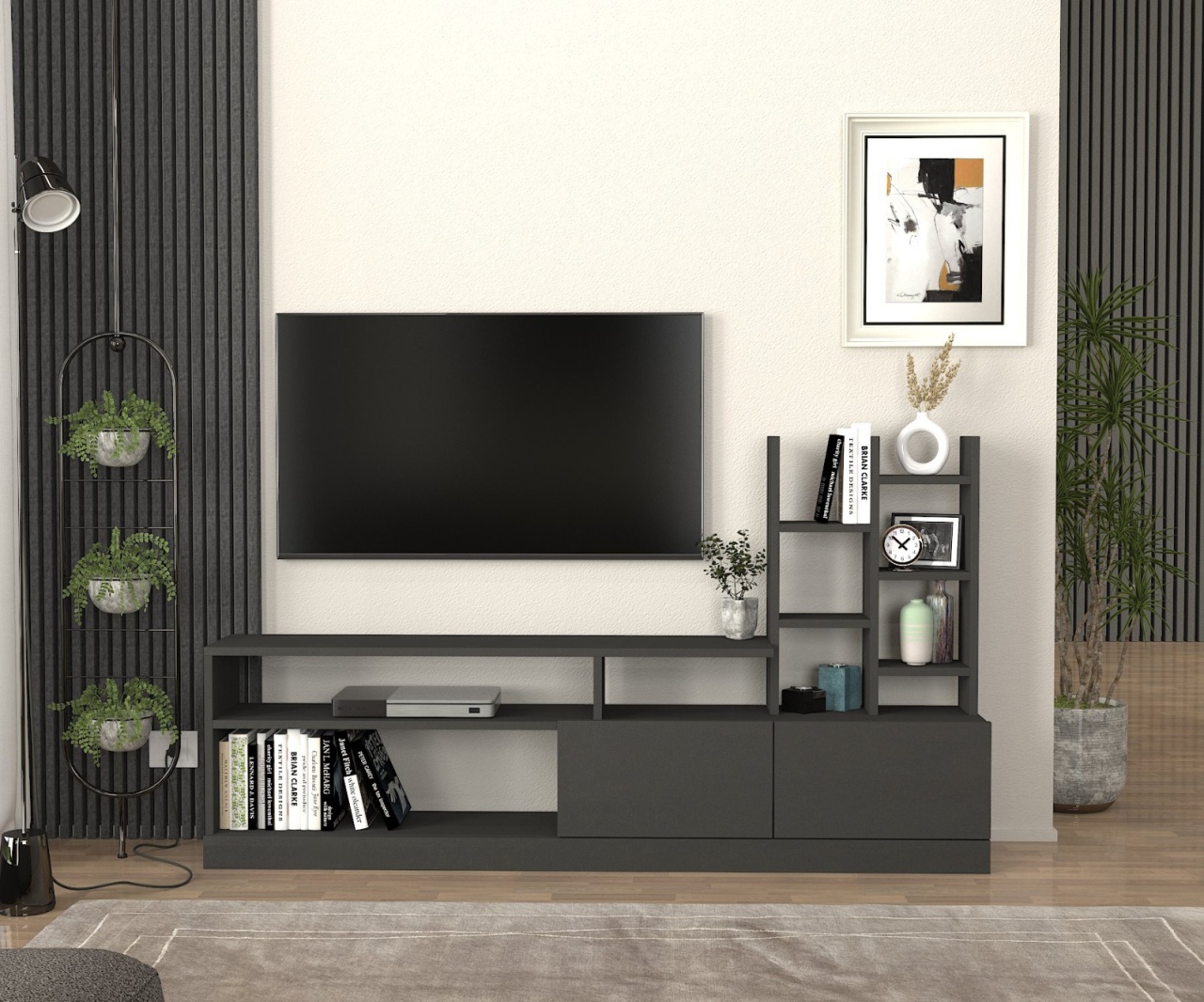 Biblioteca Living UnicUtil,164 x 25 x 91 cm, Gri Antracit, front PAL
