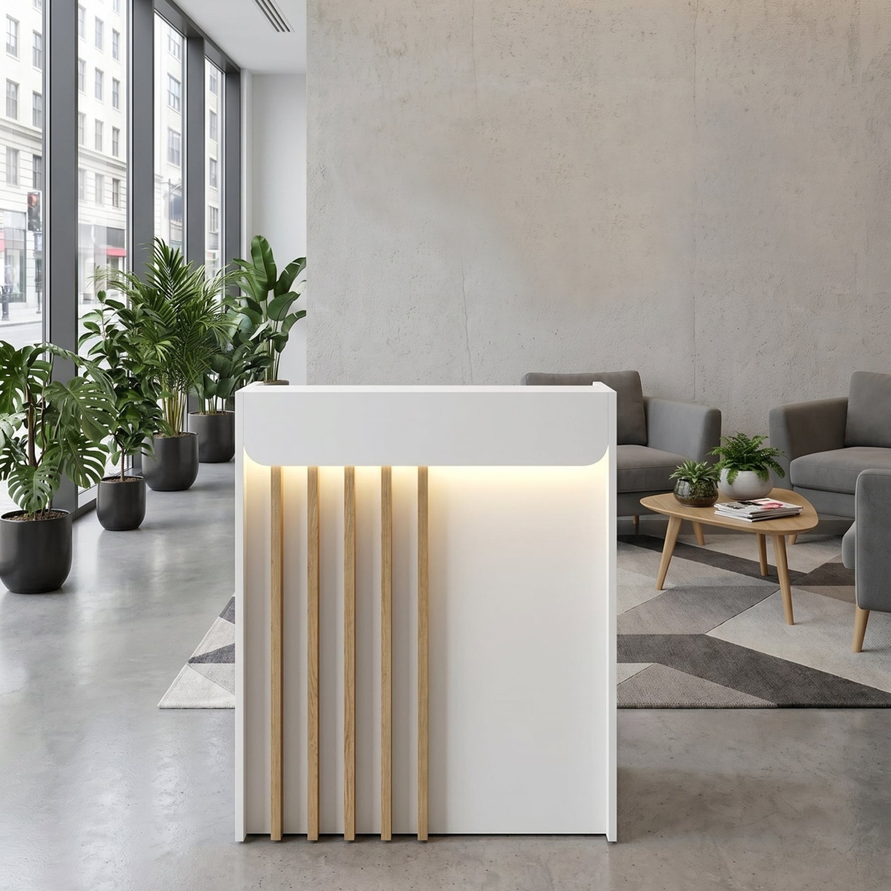 Birou recepție Karibu din pal melaminat, culoare Alb cu iluminare LED, modern și sofisticat, 90 x 40 x 110.3 cm