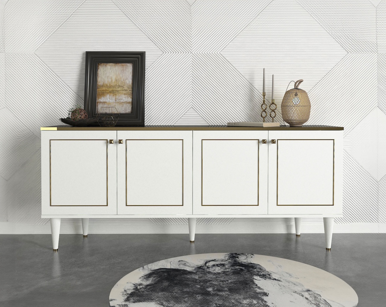 Comoda televizor, Modern Luxe, UnicUtil, 180 x 40 x 76 cm, Alb-Auriu