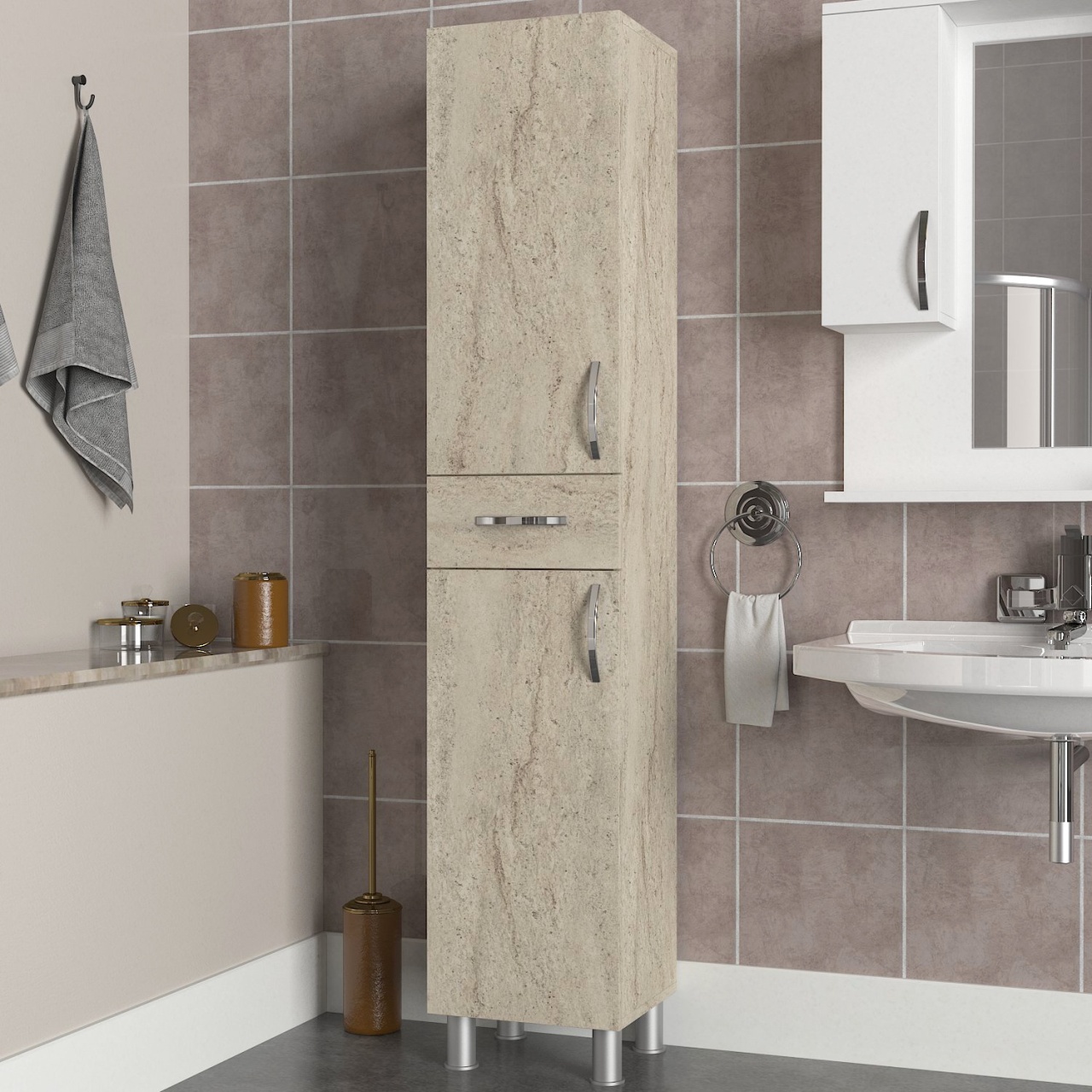 Dulap Organizator Baie/Bucatarie, Stone Craft, UnicUtil, 35 x 31.3 x 179 cm, Crem