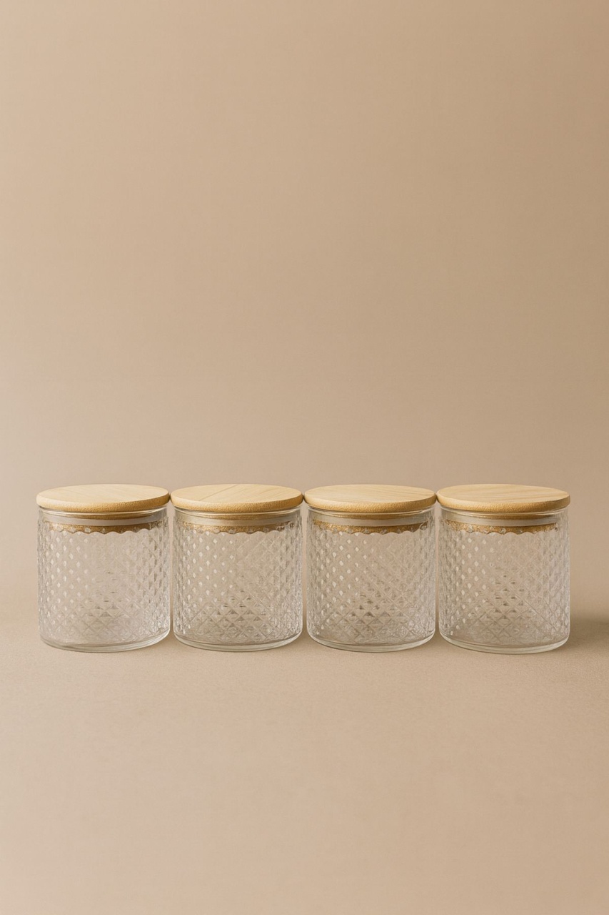 Set recipiente depozitare din sticla cu capac din bambus, 4 x 375 ml