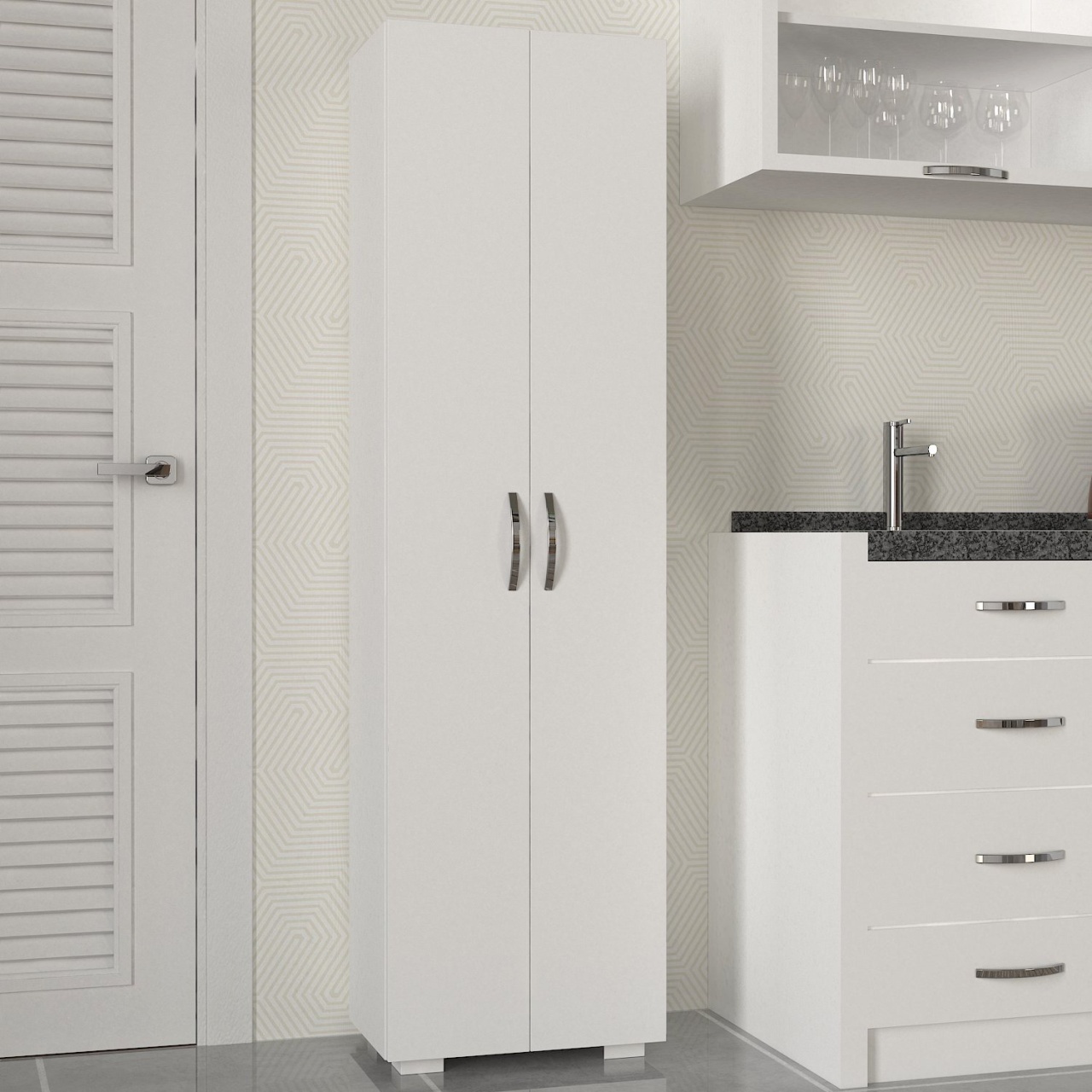 Dulap de bucătărie din pal melaminat Abel, alb, design modern și funcțional pentru organizare eficientă, 48.6 x 31.4 x 173 cm