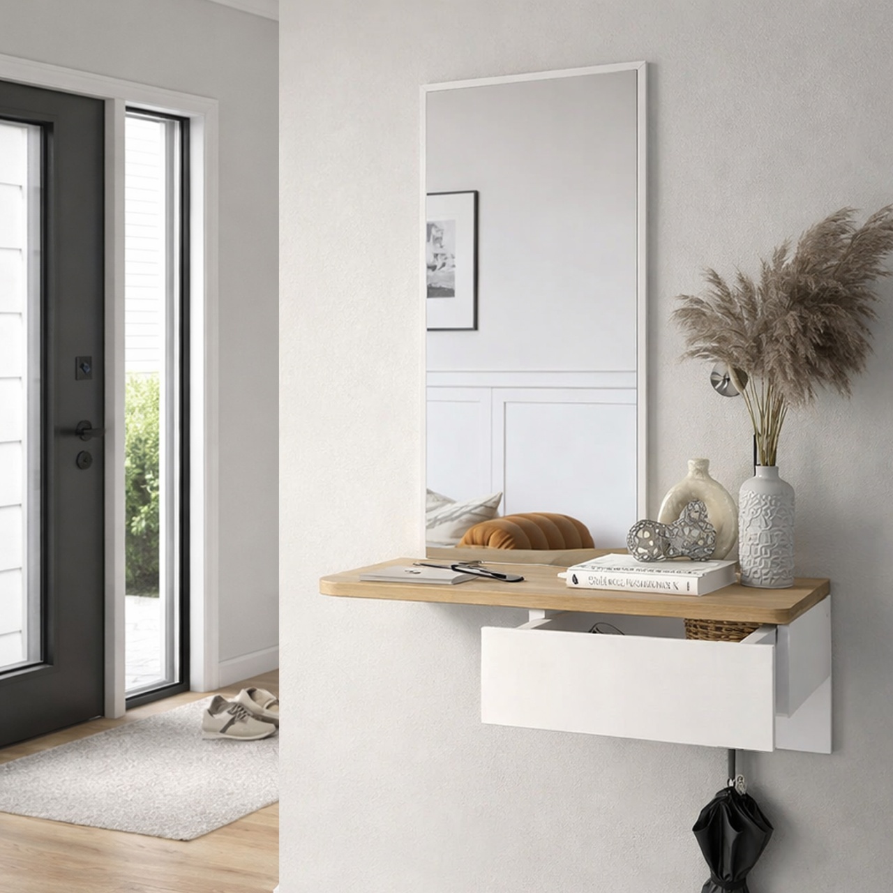 Masă decorativă Grovia din pal melaminat alb cu oglindă, design elegant și funcțional, 60 x 29.6 x 81.8 cm