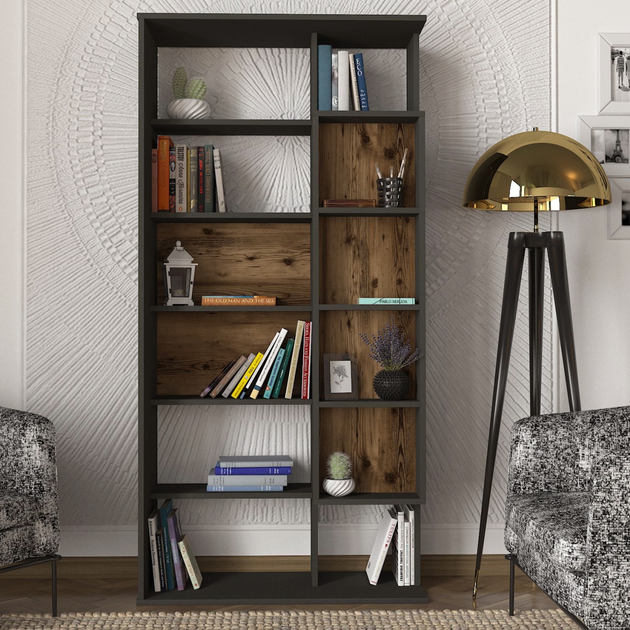 Biblioteca, Rustic Charm, UnicUtil, 90 x 35 x 183.6 cm, Maro - Antracit