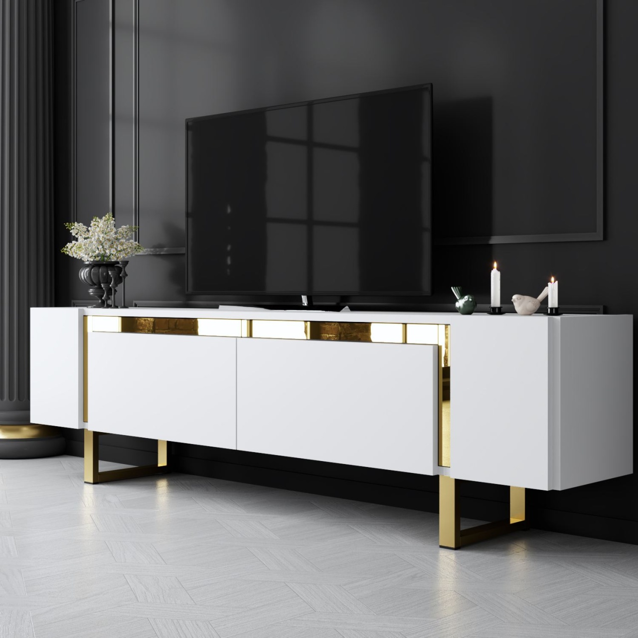 Comoda TV, Yildiz White, UnicUtil, Alb-Auriu, Lățime: 180 cm, Înălțime: 50 cm, Adâncime: 30 cm